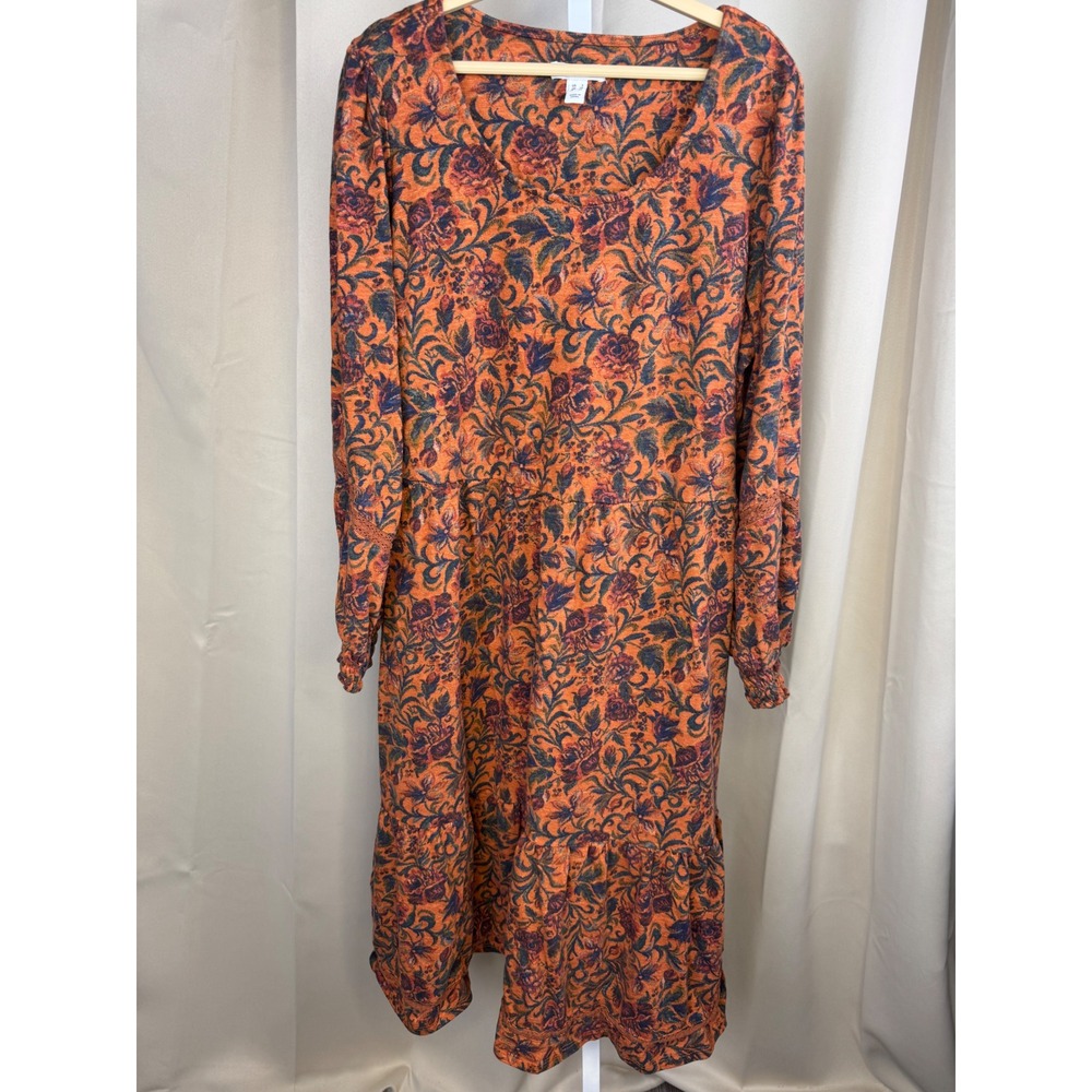 Canyon Retreat Floral Boho Midi Dress L Long Sleeve Tiered‎ Pocket Cotton